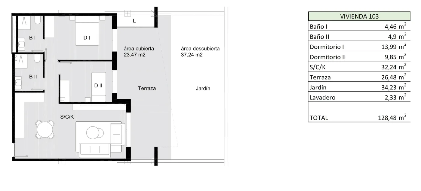 Plattegrond, 2 slpk · tuin, Residencial Nature: werktekening met elke ruimte aangegeven.