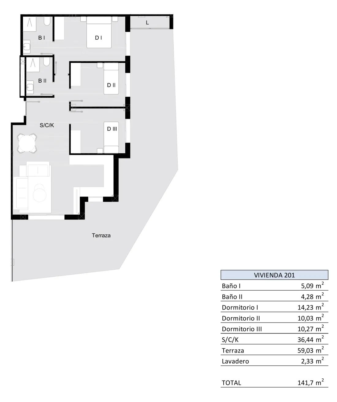 Plattegrond van een hoekwoning met drie slaapkamers: drie slaap- en twee badkamers, een woon-eetkamer met open keuken en een terras om de hoek heen.