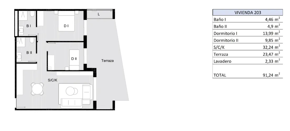 Plattegrond van een woning met twee slaapkamers in Residencial Nature: twee slaap- en twee badkamers, een woon-eetkamer met open keuken en een terras.