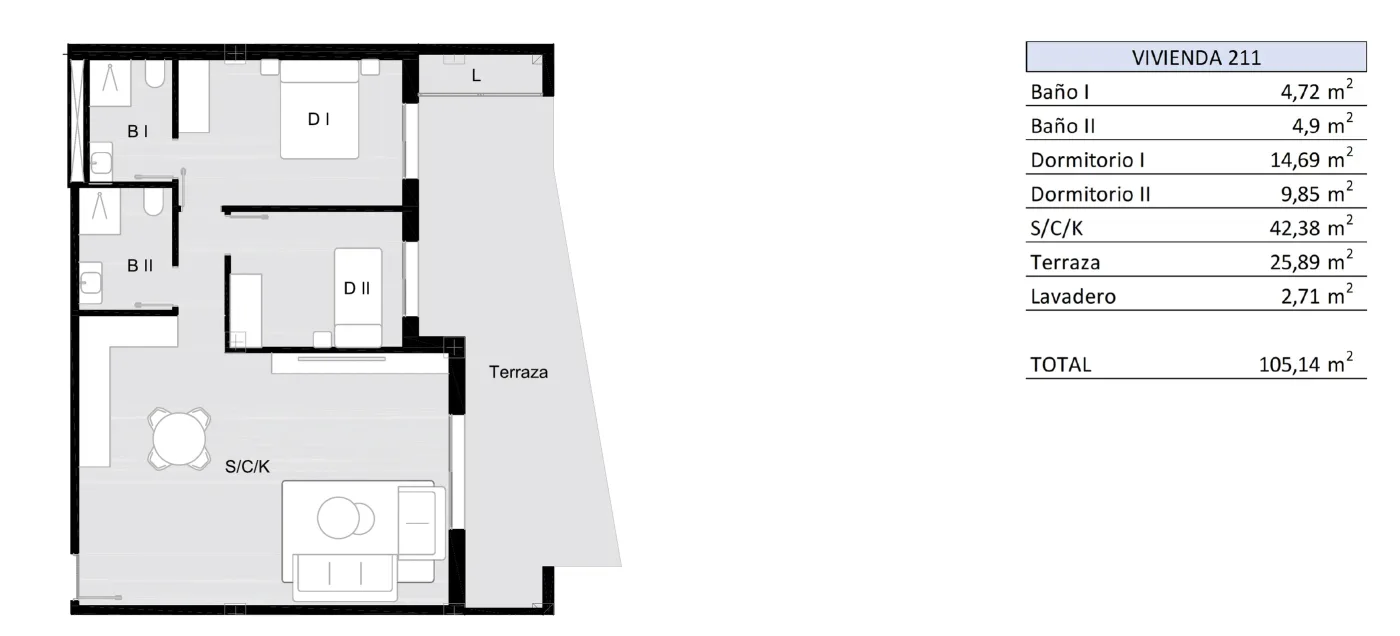 Plattegrond, 2 slpk · grote woonkamer, Residencial Nature: werktekening met elke ruimte aangegeven.