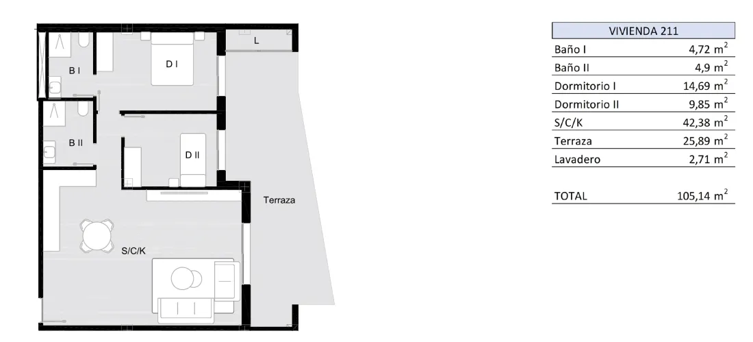 Plattegrond van de grotere woning met twee slaapkamers: een woon-eetkamer met keuken van 42 m², twee slaap- en twee badkamers en een terras.