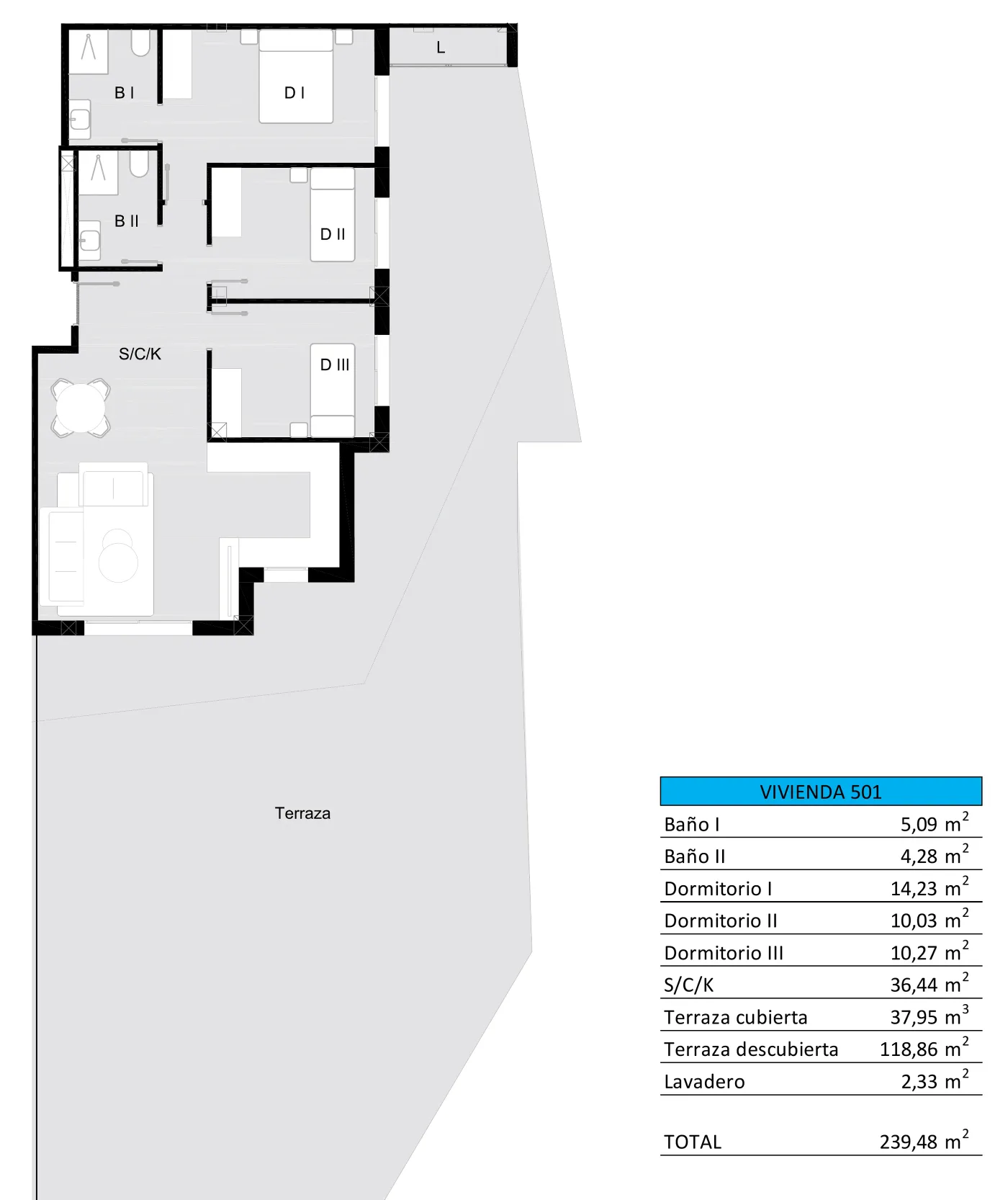 Plattegrond, 3 slpk · grote terrassen, Residencial Nature: werktekening met elke ruimte aangegeven.