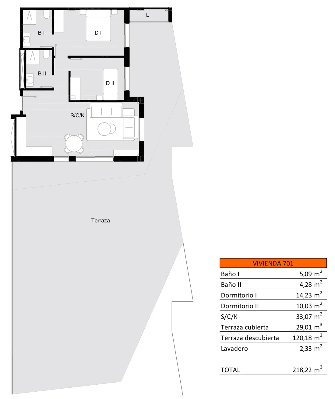 Plattegrond van een hoekwoning met twee slaapkamers op de zesde verdieping, met een overdekt en een open terras.