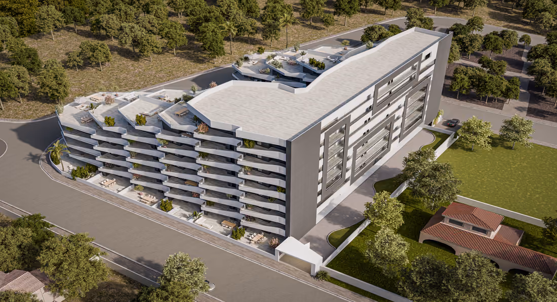 Luchtimpressie vanaf de straatkant (CGI): het gebouw loopt getrapt af naar de tuin, met beplante terrassen op elke verdieping.