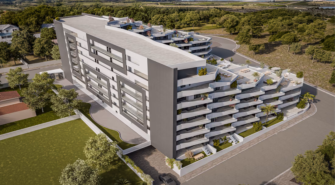 Luchtimpressie richting de kust (CGI): het gebouw, de tuinen en het land dat afloopt naar de zoutmeren en de zee.