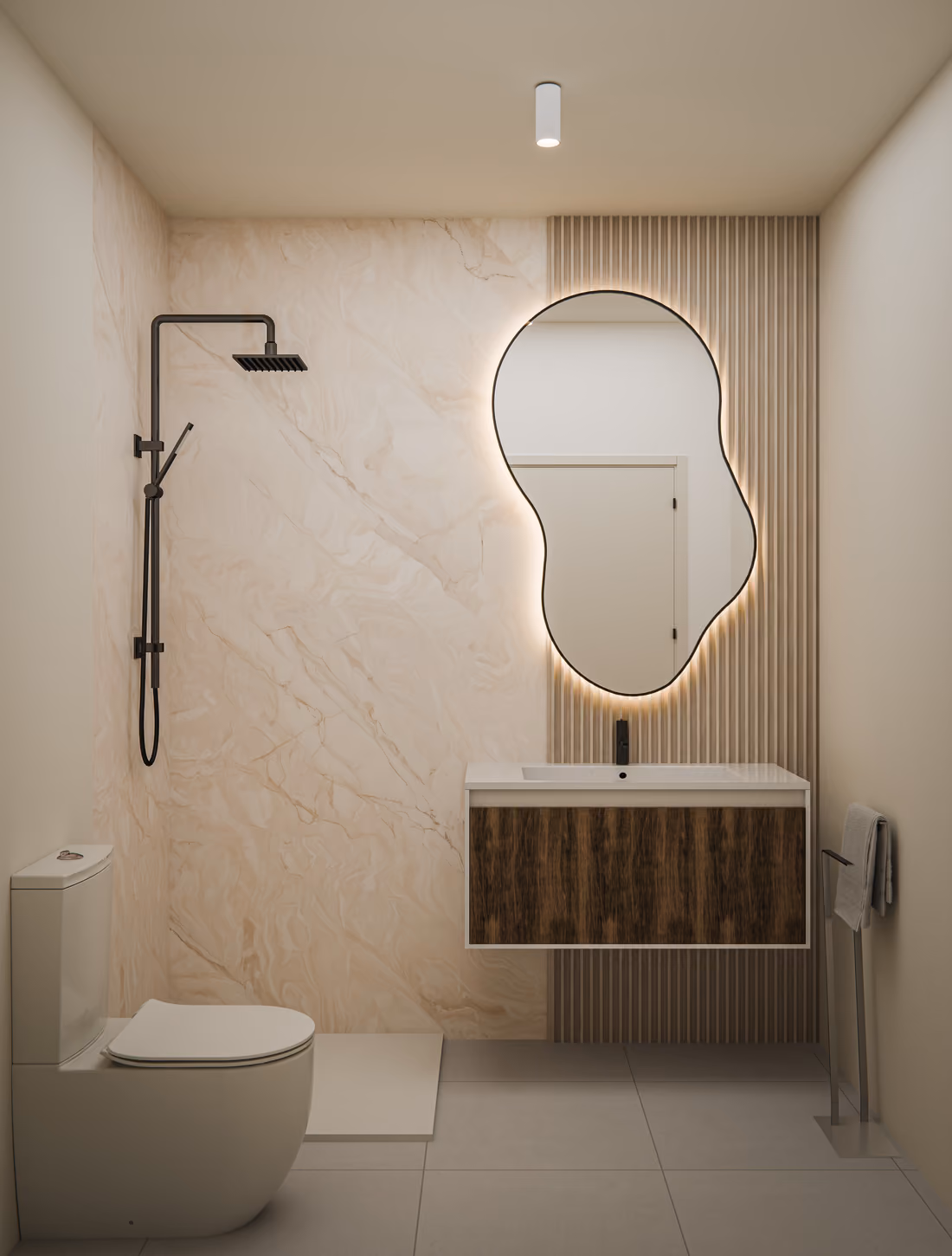 Impressie van een badkamer (CGI, indicatief): een inloopdouche, een badmeubel met verlichte spiegel en een wand met marmerlook.