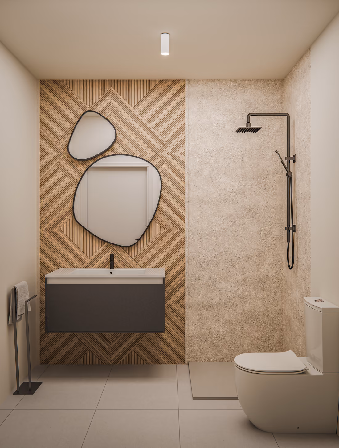 Impressie van een badkamer (CGI, indicatief): een douche, een badmeubel en een accentwand met houtlook.