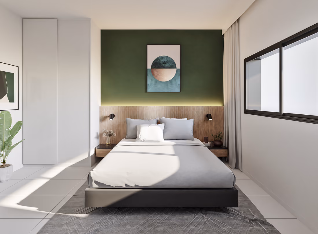 Impressie van een hoofdslaapkamer (CGI, indicatief): een tweepersoonsbed tegen een groene wand, een inbouwkast en een raam met rolluik.