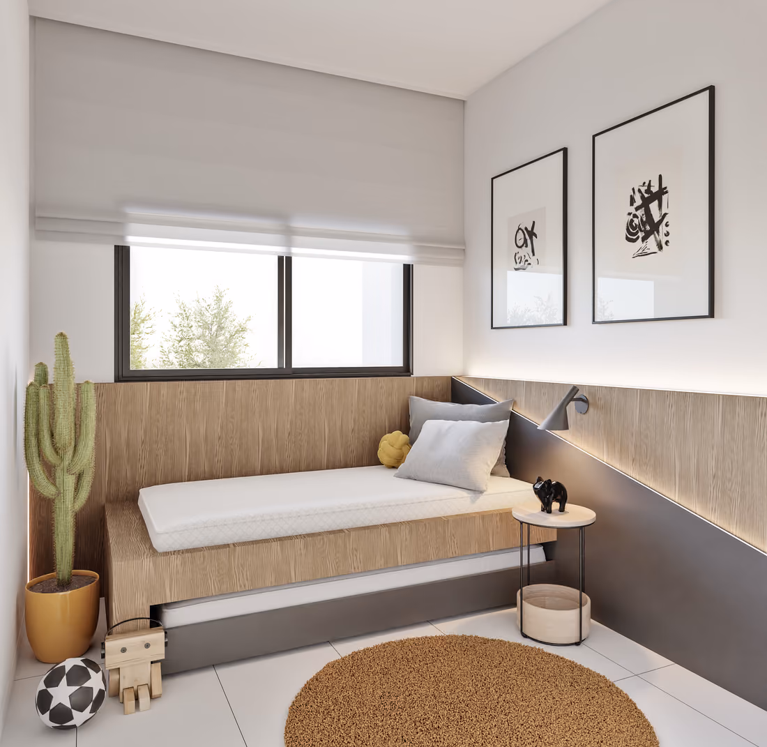 Impressie van een tweede slaapkamer (CGI, indicatief): een eenpersoonsbed met onderschuifbed, planken en een raam.