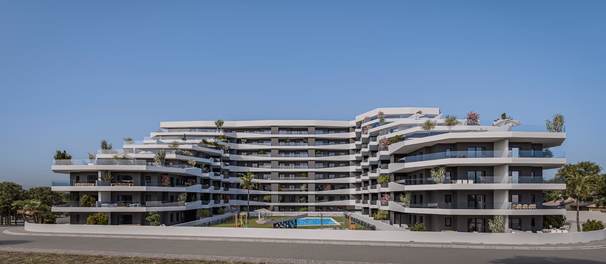 Impressie van de binnenhofzijde van Residencial Nature (CGI): de lange, gebogen terrassen boven het gazon en het gemeenschappelijke zwembad.