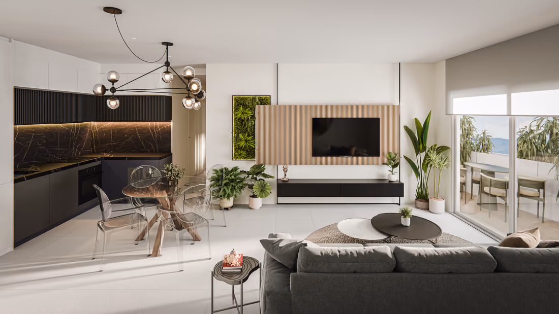 Impressie van een woon-eetkamer met keuken (CGI, indicatief): een bank, een glazen eettafel en een keukenwand, met het terras achter de schuifdeuren.