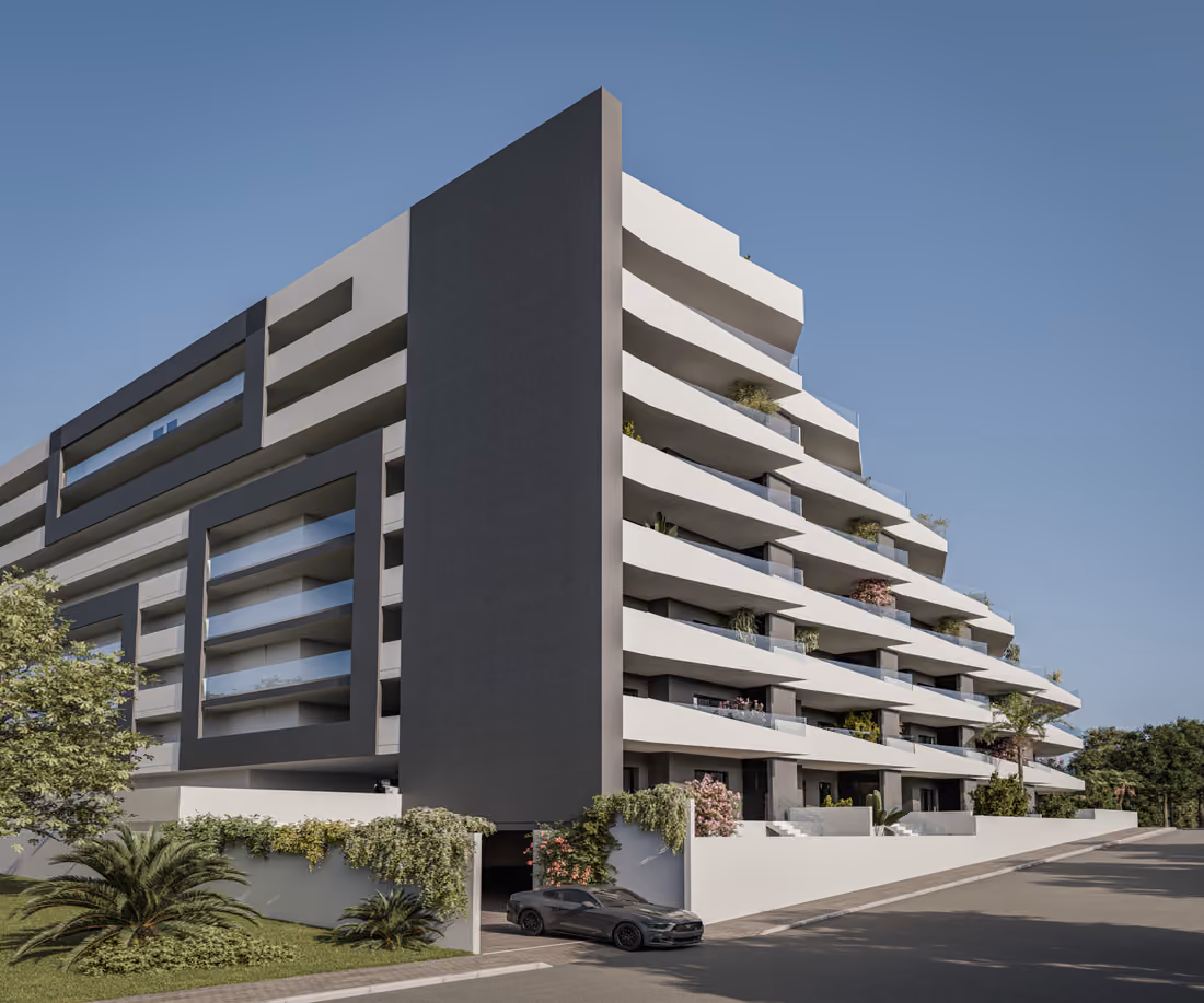 Impressie van de hoogste hoek van het gebouw (CGI): getrapte terrassen met glazen balustrades boven de ingang van de garage.